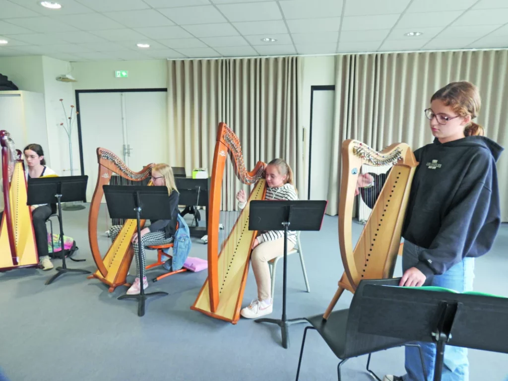 Quatre élèves jouent de la harpe.