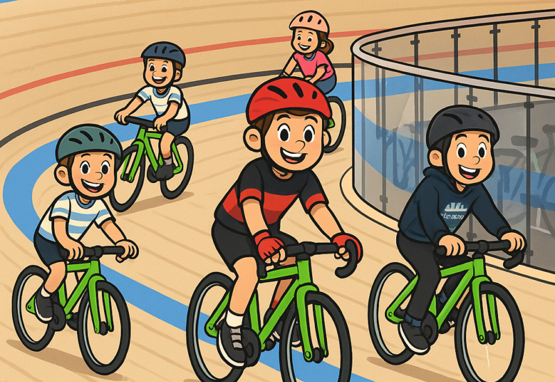 Dessin d'enfants à vélo dans le vélodrome.